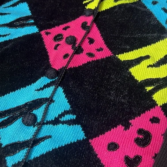 Vintage Jack B Quick Funky Y2K Statement Cardigan Sweater Harlequin Feather M - Picture 3 of 11